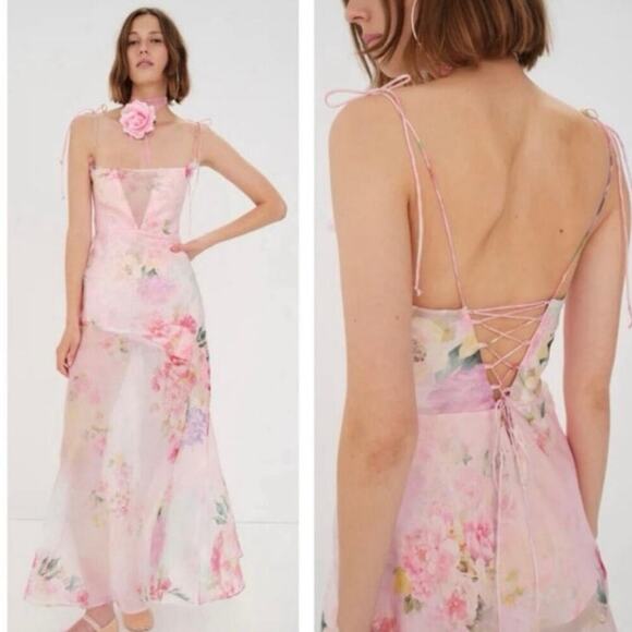 NWOT For Love & Lemons Lisa Bouquet Watercolor Floral Maxi Dress Pink Medium - Picture 11 of 15